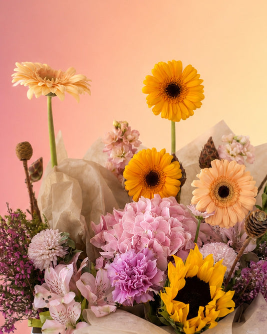 Morning Glow flower bag with sunflowers and warm yellow blooms in a stylish carry bag from Whimsy Flowers Abu Dhabi.