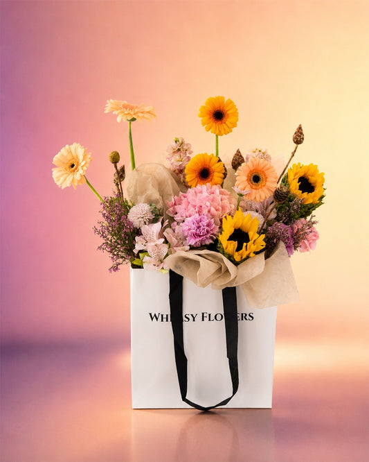 Morning Glow flower bag with sunflowers and warm yellow blooms in a stylish carry bag from Whimsy Flowers Abu Dhabi.