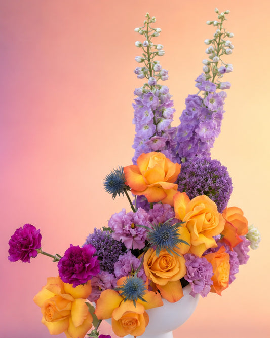 Purple Sunset flower vase with orange roses, purple delphinium, blue thistle, purple carnations and statice in a modern white pedestal vase from Whimsy Flowers Abu Dhabi.