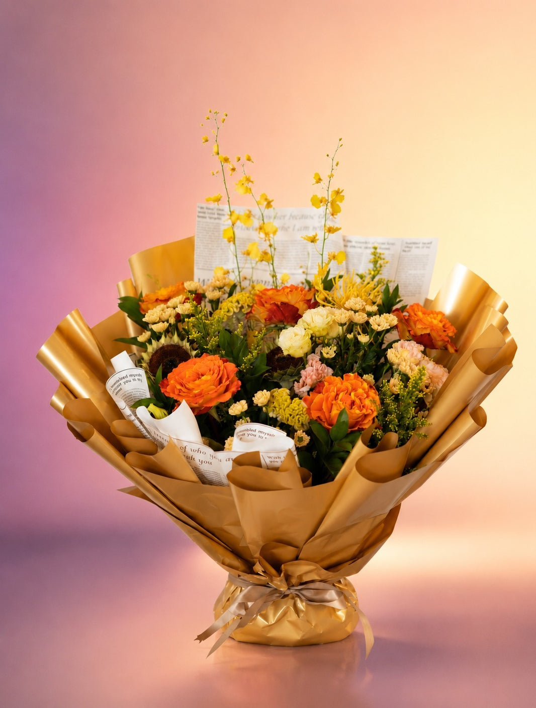 Autumn Glow flower bouquet with warm orange and yellow autumn blooms in kraft wrap from Whimsy Flowers Abu Dhabi.