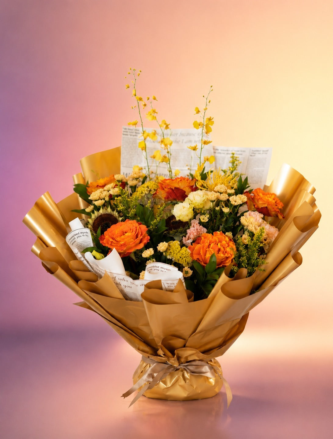 Autumn Glow flower bouquet with warm orange and yellow autumn blooms in kraft wrap from Whimsy Flowers Abu Dhabi.