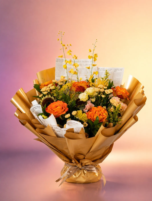 Autumn Glow flower bouquet with warm orange and yellow autumn blooms in kraft wrap from Whimsy Flowers Abu Dhabi.