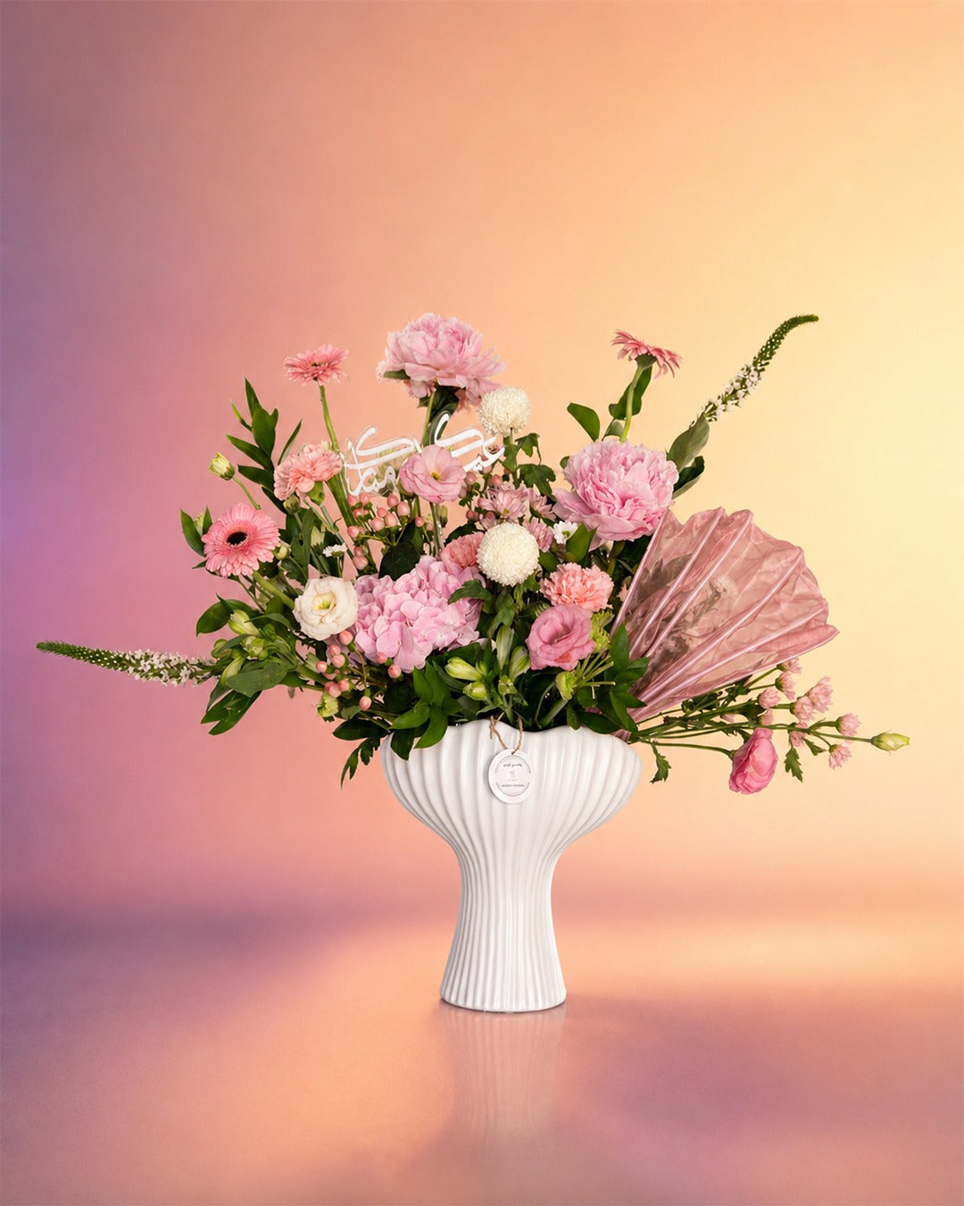 Peony Dreams flower vase arrangement with soft pink peonies in an elegant vase from Whimsy Flowers Abu Dhabi.