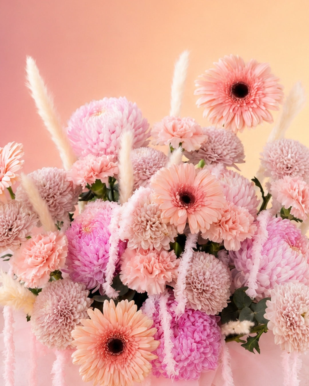 Pink Symphony flower box arrangement with soft pink gerberas, roses and dahlias in an elegant box from Whimsy Flowers Abu Dhabi.