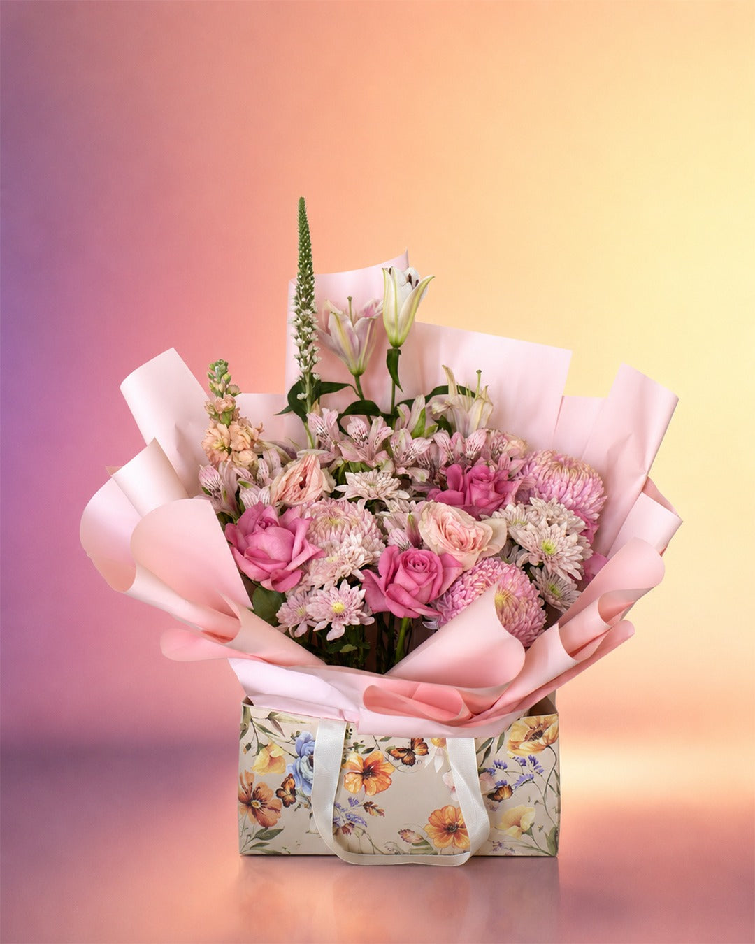 Rose Elegance flower bouquet with soft pink roses in an elegant box arrangement from Whimsy Flowers Abu Dhabi.