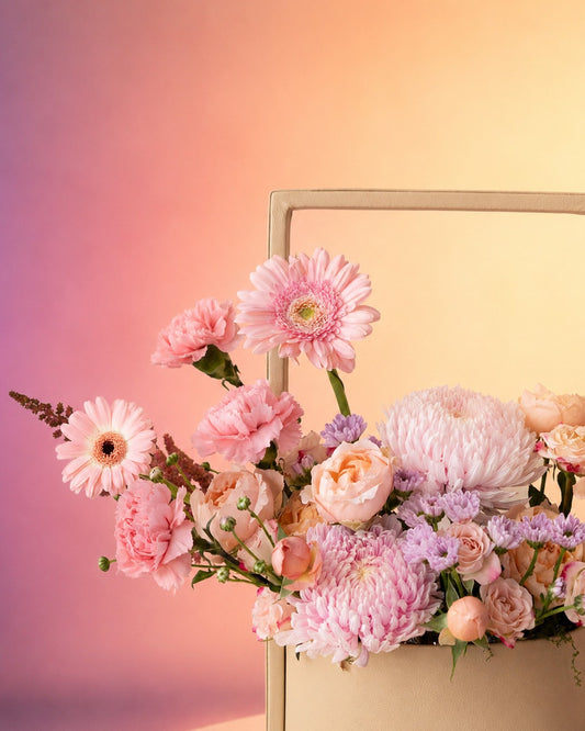Rosé Whisper new born baby flower arrangement with soft pink and mauve blooms from Whimsy Flowers Abu Dhabi.
